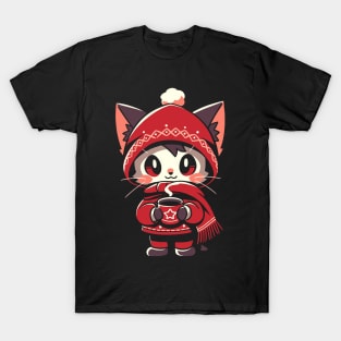 Adorable Kawaii Christmas Coffee Cat T-Shirt